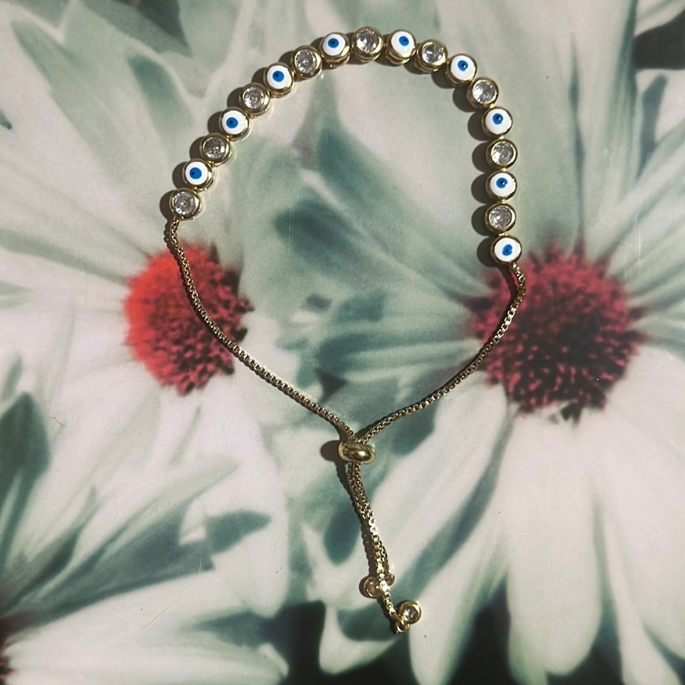 14K Gold and White Enamel Evil Eye Bracelet